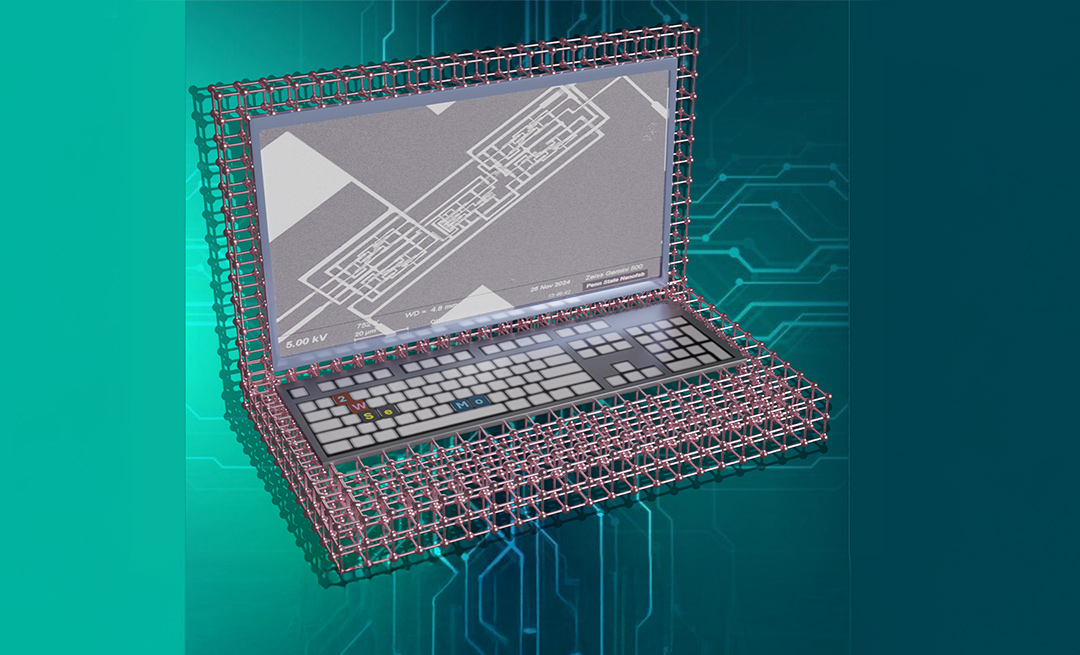Illustration of a computer with a gray microscope image displayed