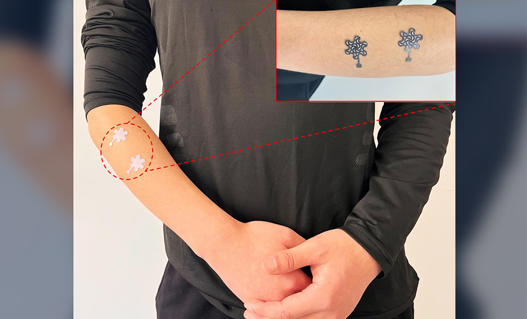 Two sensors on a forearm, with a smaller image showing the sensors up close  