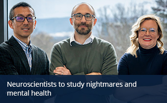 Three people crossing their arms pose for a photo with text overlay that reads neuroscientists to study nightmares and mental health