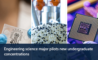 Gloved hands hold a sensor and a pile of small plastic pieces and a gloved hand holds a microchip with text overlay Engineering science major pilots new undergraduate concentrations