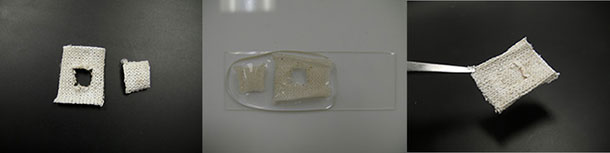 SRT coated fabric self-heals.  From left, fabric with hole, wet fabric and patch in a drop of water, self-healed fabric.