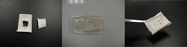 SRT coated fabric self-heals. From left, fabric with hole, wet fabric and patch in a drop of water, self-healed fabric.