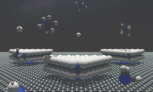 artist's rendering showing a boron nitride surface with tungsten atoms anchoring triangular domains